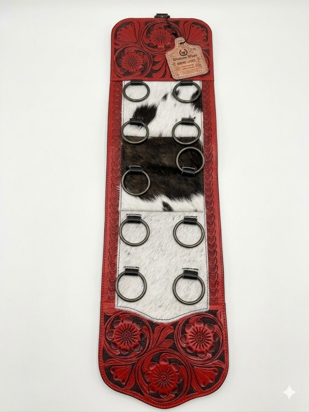 Western Linen Genuine Leather Red Tooled Scarf Organizer with Cowhide NWT